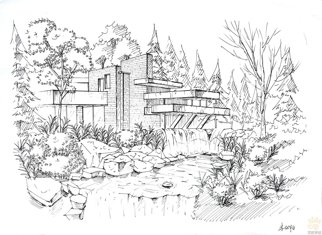 环境景观建筑手绘效果图线稿图|空间|景观设计|汉武手绘_原创作品