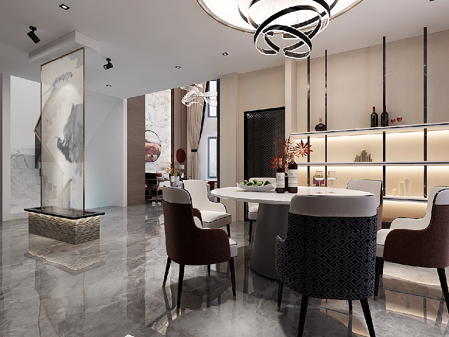 别墅装修哪家好- 万泰装饰龙山.希思庄园新中式装修
空间中巧妙地暗含了一条当代艺术水墨线<br>水墨其审美精神是天地人的和谐<br>物我两忘<br>人处天地间<br>无论静观抑或逍遥<br>都是对逼仄空间中的灵魂的超越<br>寻找与世界融合的审美契机<br>