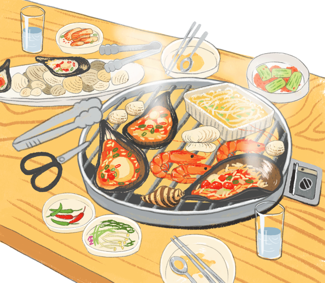 除了生吃和清蒸，还有一种吃法就是烤海鲜了。碳烤海鲜较生鲜和清蒸拥有了更多层次的口感。