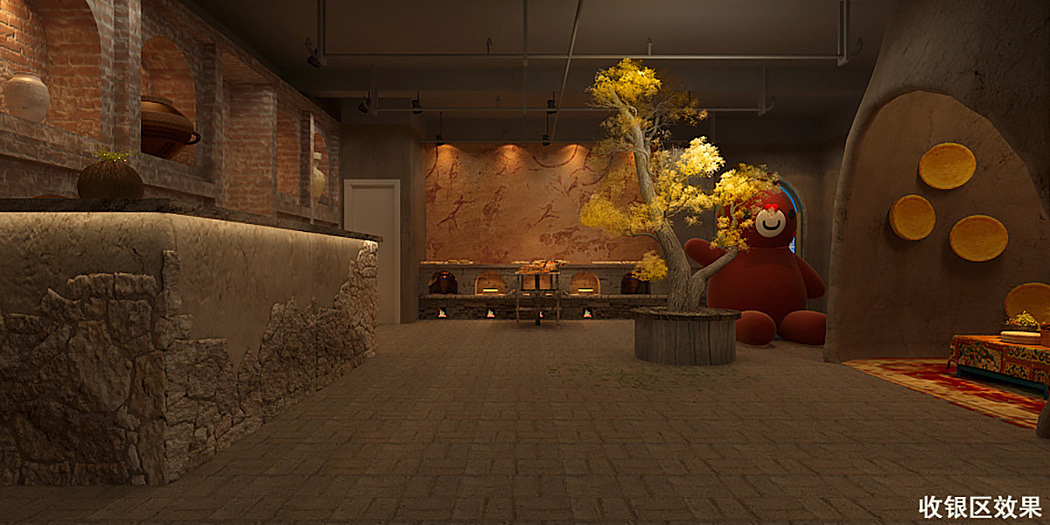 前台区
前台区局部墙面仿仿岩画的效果,展示多远的当地历史文化。吉祥物小熊装置为游客提供了休息座椅。