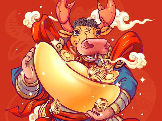 有间虾铺牛年新年插画