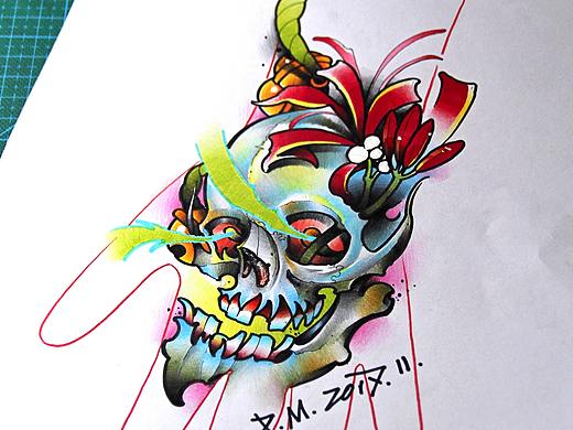 骷髅头加彼岸花纹身手稿