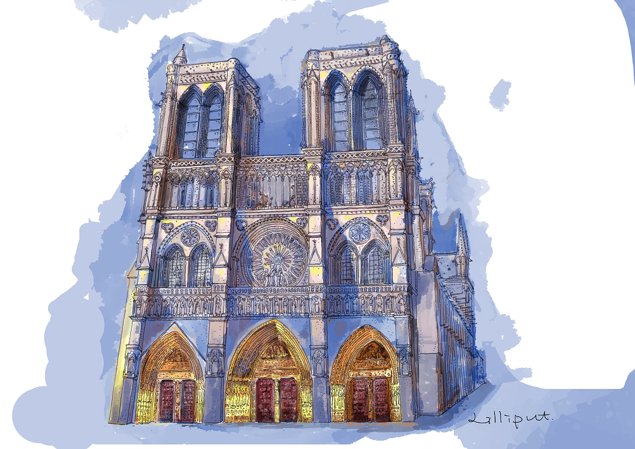 手绘卡通图之巴黎圣母院图片素材-编号32312910-图行天下