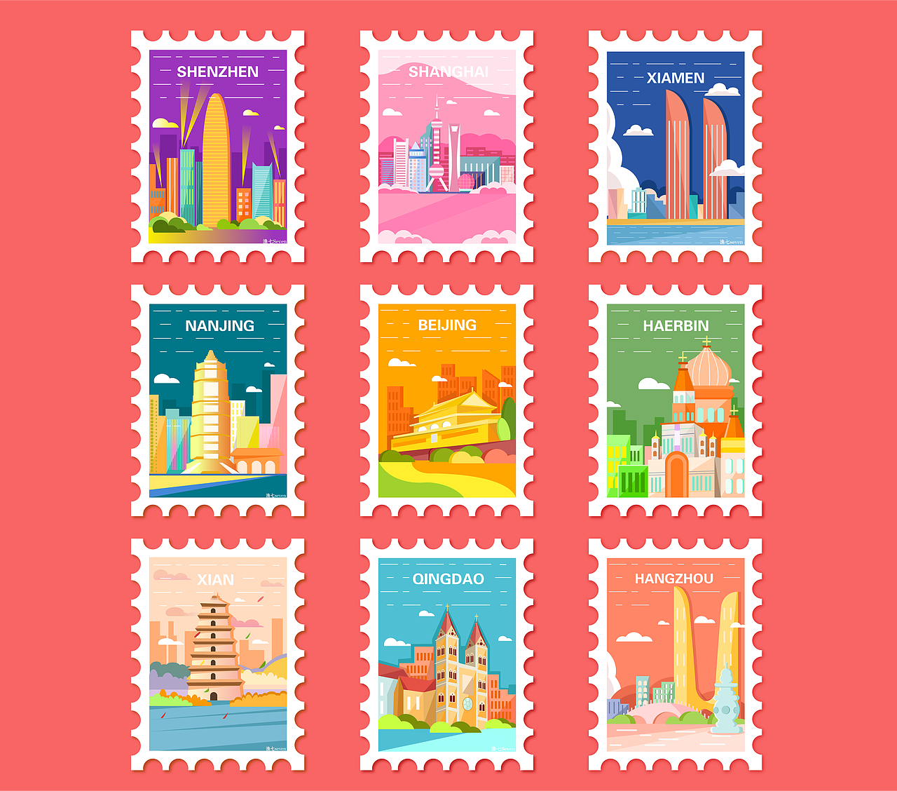 扁平化城市邮票