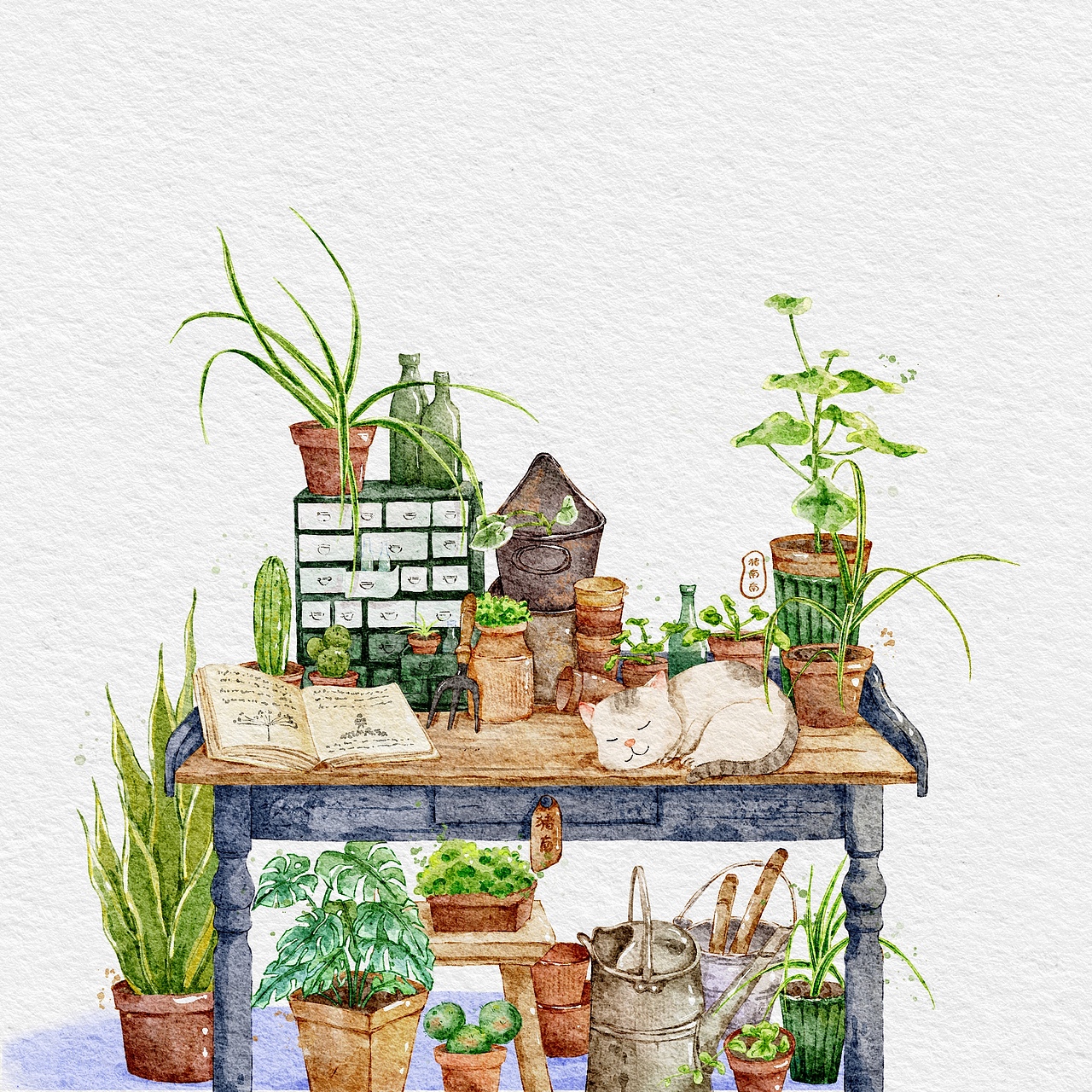 水彩绿植小场景