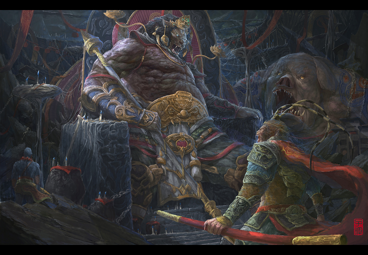 血洗玉华州这张是描绘妖王九灵元圣和孙悟空师兄弟三人之间的战斗,画面用的是冷色色调,希望营造一种神秘的氛围,蓝色的烛光更想让这个西游记最强战力与众不同,这张画画面有一点凌乱完成这张的时候正好是过年中间做了一个手术所以完成的比较断断续续。