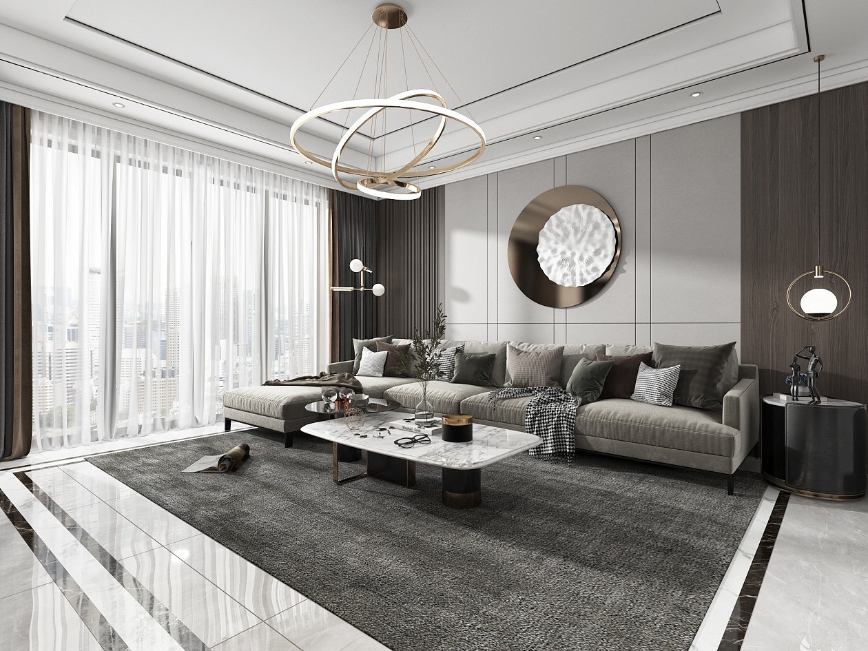 现代客厅餐厅，沙发，餐桌，电视柜，吊灯，装饰画（图ZMjMyMDIzMzA4） - VR设计 - 站酷设计师vx18055175522原创素材 - 站酷ZCOOL