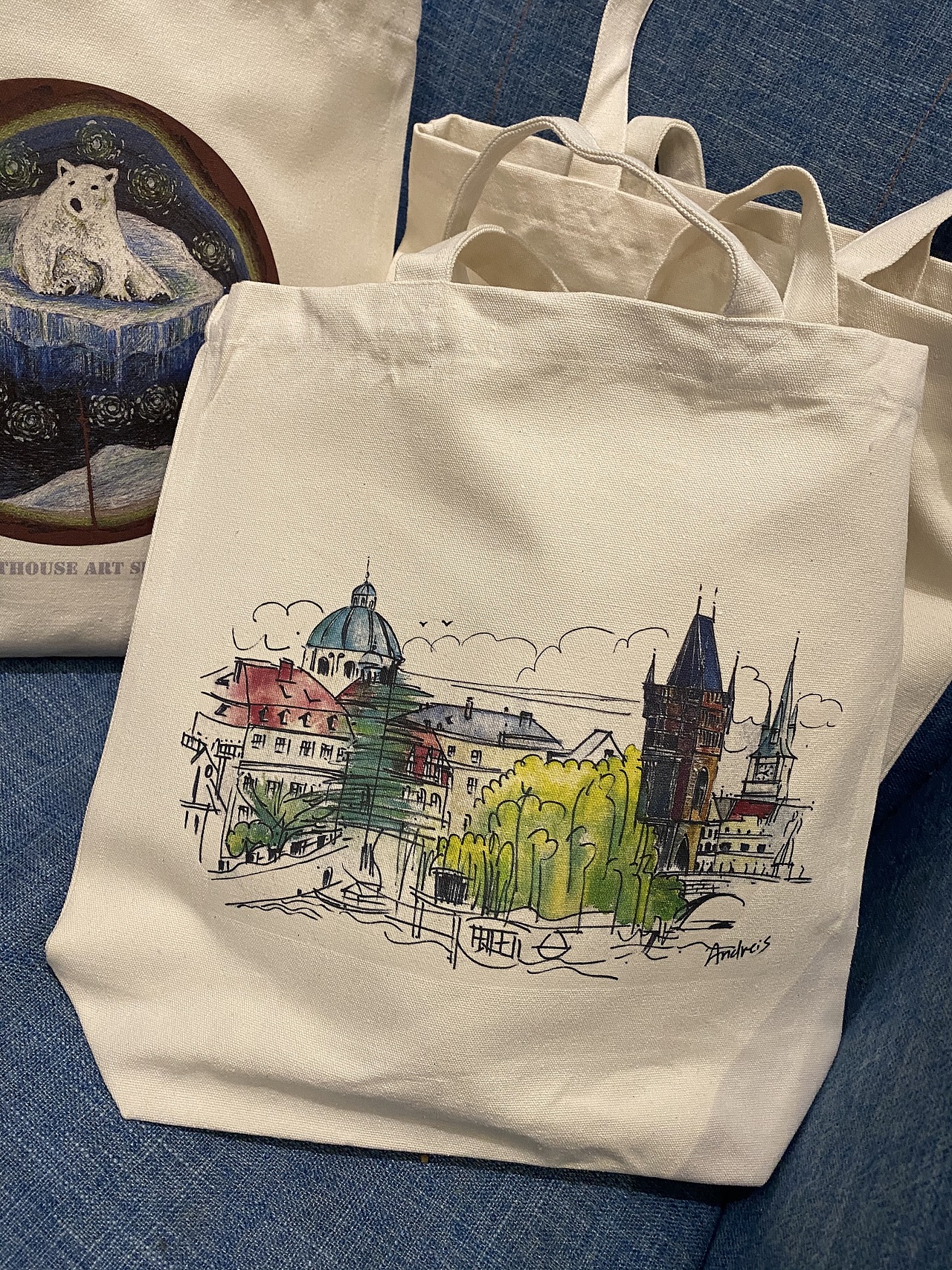 原创手绘插图帆布包,购书袋