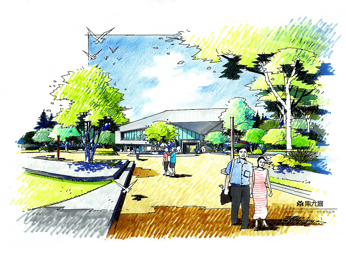 苗长银手绘——景观手绘马克笔空间色彩作品