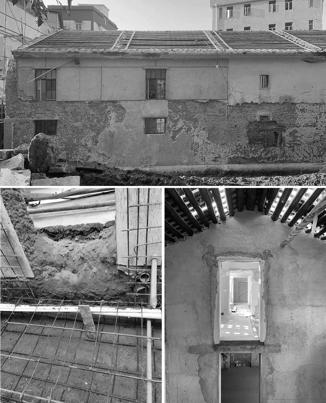 原始的夯土砖墙无法承受加建部分的重量，因此在原来的基础上浇筑混泥土进行加固。