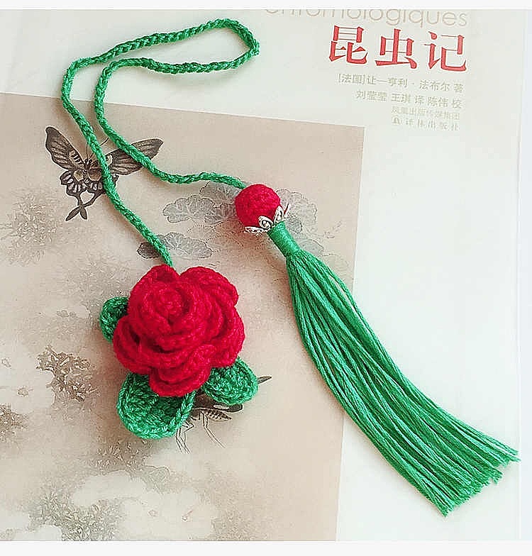纯手作毛线编织浪漫:rose:玫瑰花书签