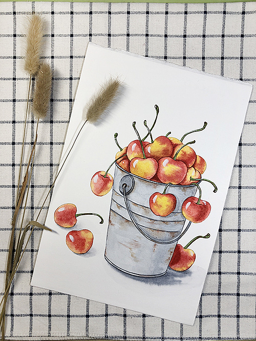 手绘水彩画·一桶樱桃
