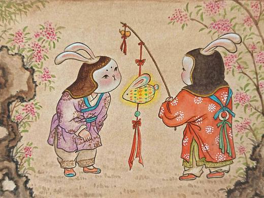 国风古装小兔子年画
