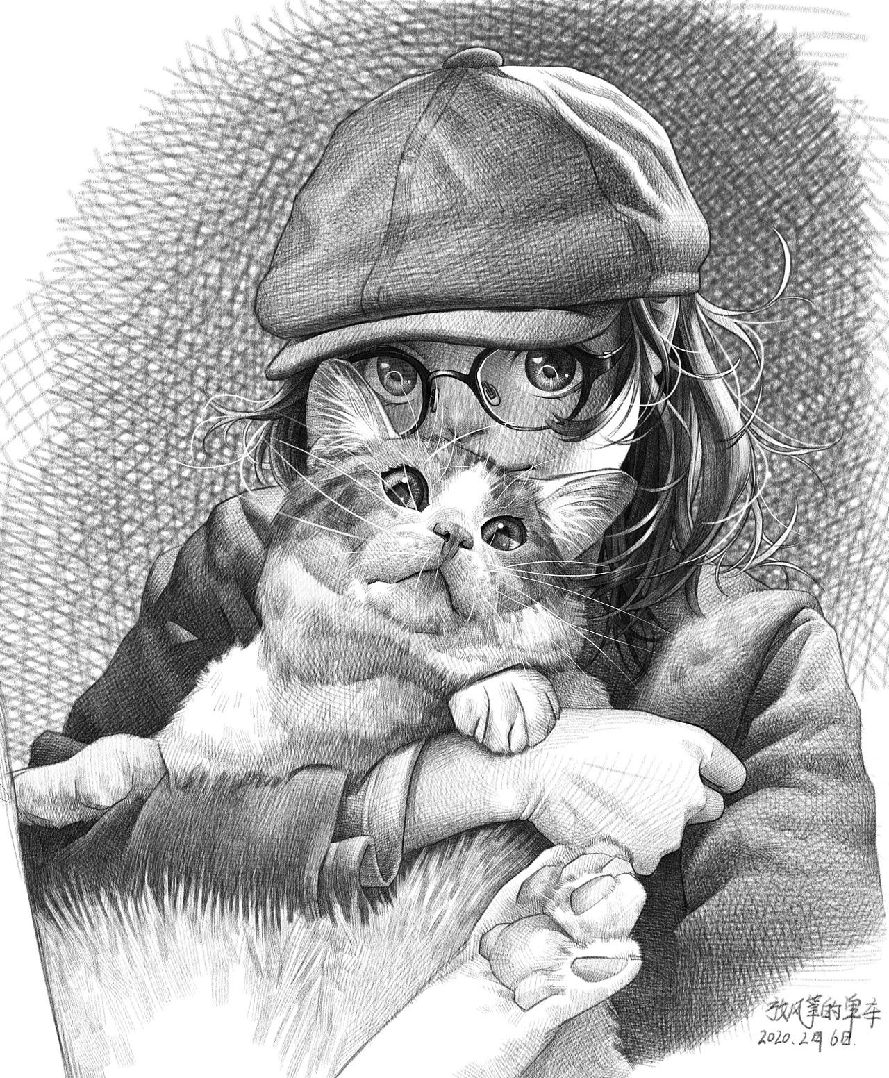 素描画猫咪女孩儿图片