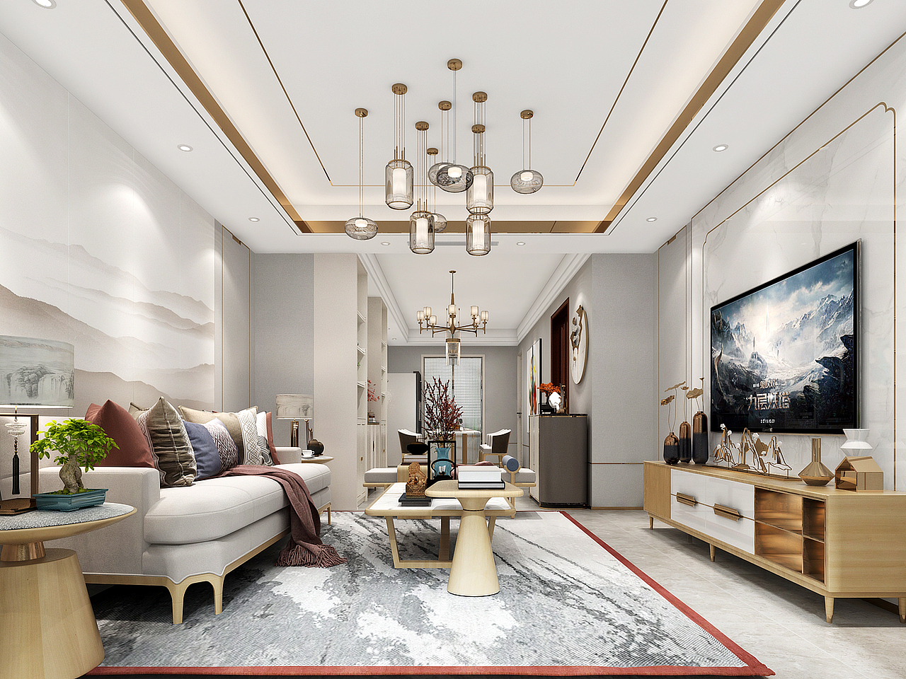 新中式家装客餐厅卧室