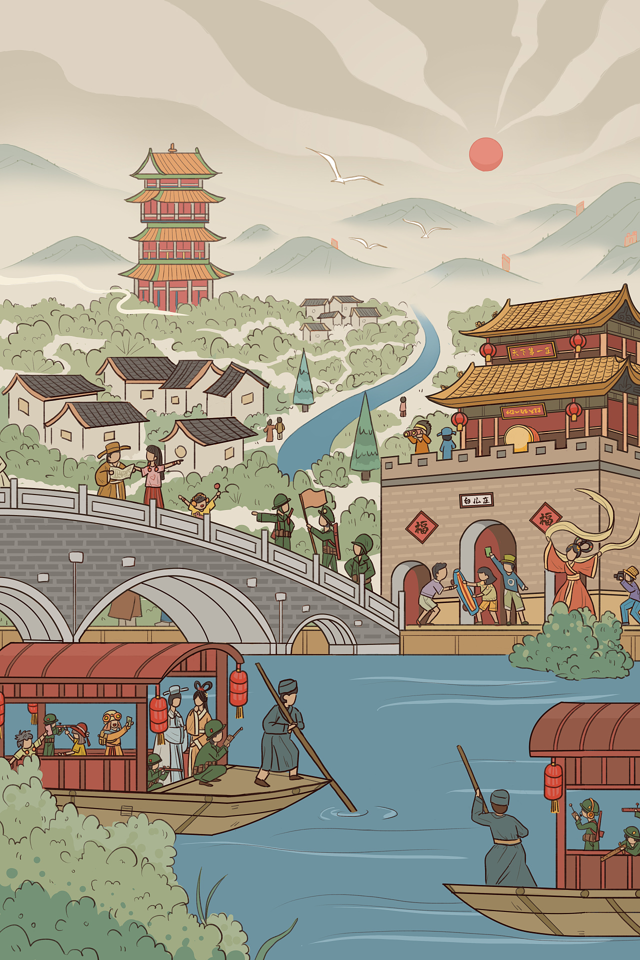 中国风复古国潮台儿庄建筑|插画|商业插画|小披风r - 原创作品 - 站酷