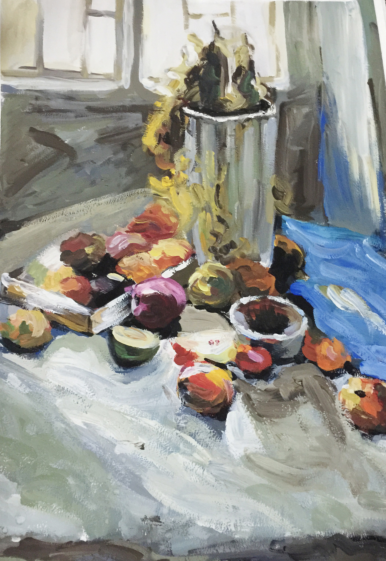 水粉静物步骤教程（不锈钢锅、油瓶、花菜、青菜、砧板、菜刀）-露西学画画