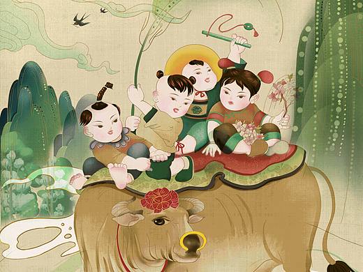 ipad手绘插画—牧牛图（个人主页-ZNDI1OTExNzI=） - 创作习作 - 站酷设计师echoos7原创素材 - 站酷ZCOOL