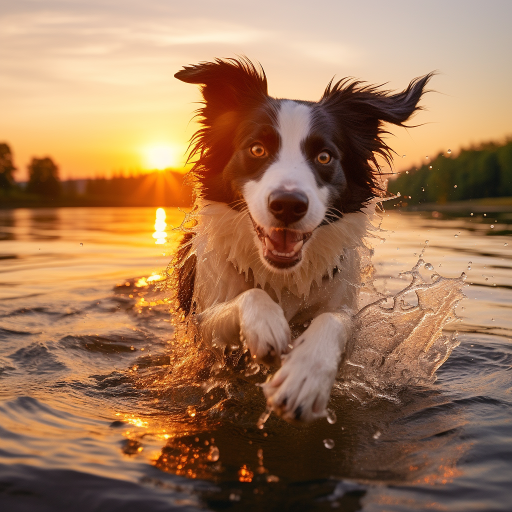 欢快明亮的边境牧羊犬在日落时分的河中游泳