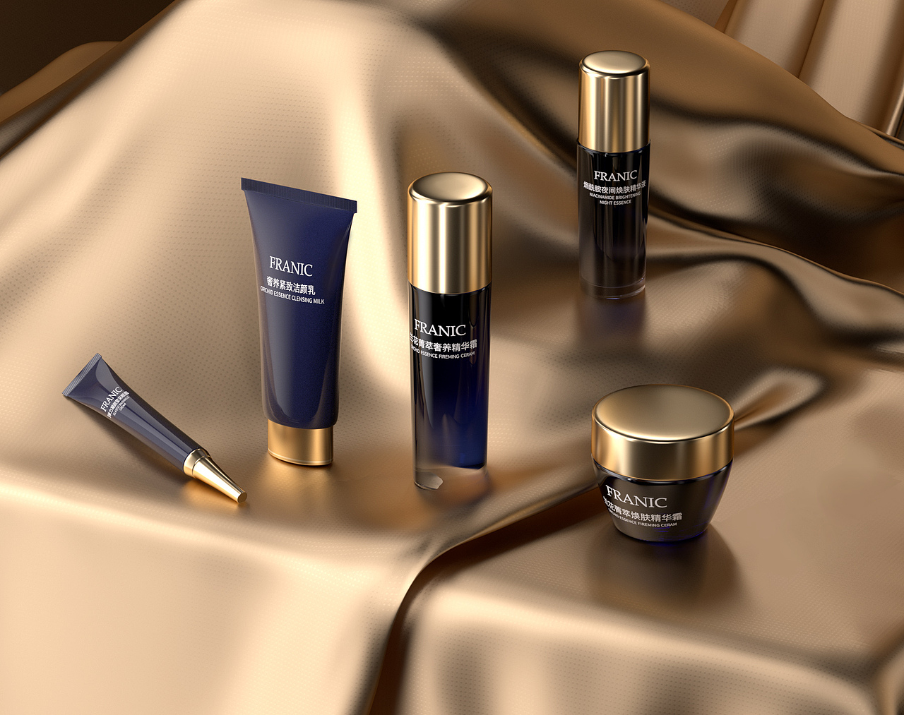 产品c4d建模渲染化妆品法兰琳卡octane美妆渲染金色化妆品c4d建模渲染