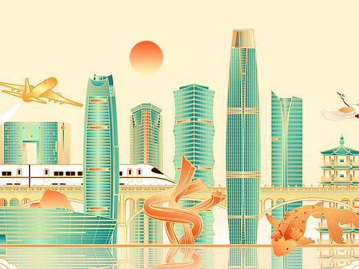 中国广东东莞城市建筑群矢量插画