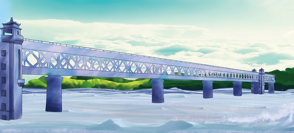 武汉黄鹤楼,龟山电视塔,江汉关大桥二桥全景长卷绘画_鲲鹏设计插画