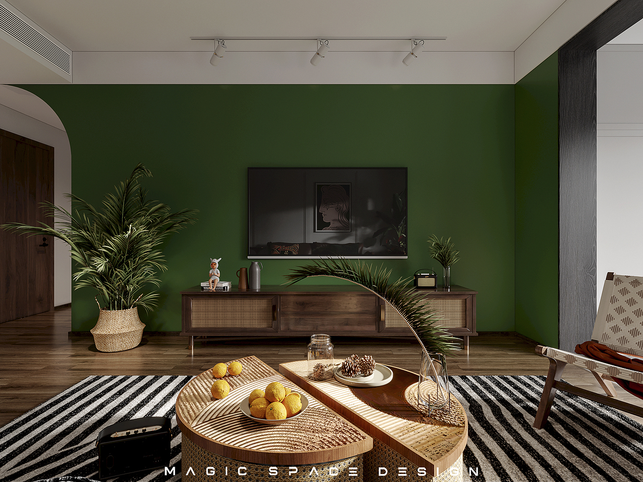 客厅(电视背景)  br>原始的脆绿晕染到整面墙做背景,散尾葵静置,透