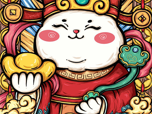 手绘国潮福兔插画