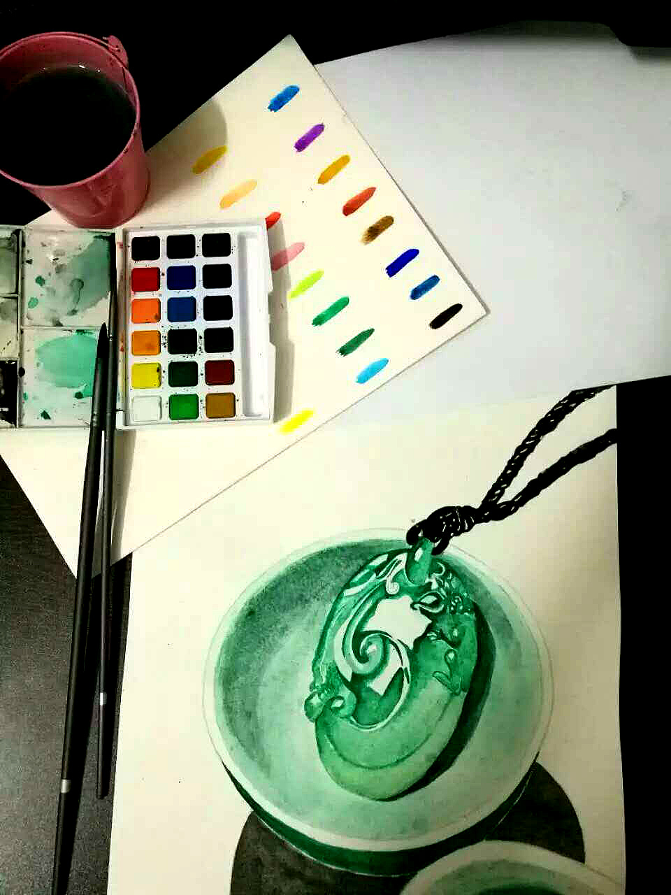 水彩画 吊坠绿宝石