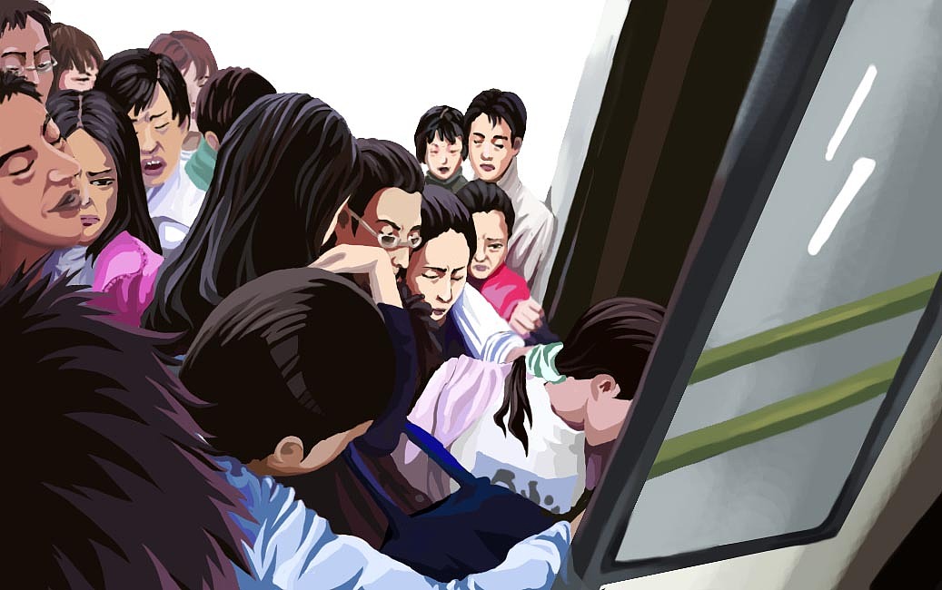 拥挤的公交车,经常做车遇到的现象却画不好,那个玻璃的透视我简直弄不