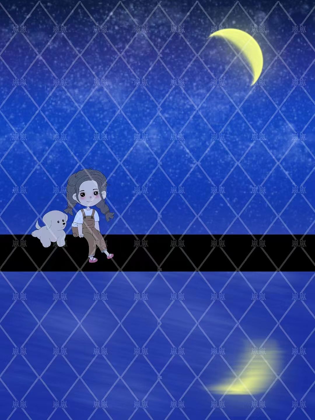 夜空下的女孩和狗崽