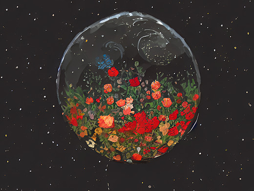 #AI创作实验室#一个装满花的泡泡遨游太空