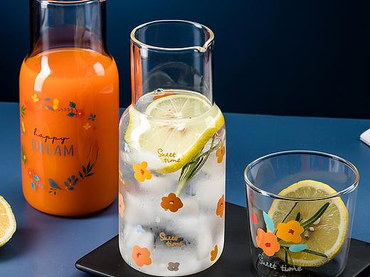 电商摄影 淘宝摄影|玻璃水壶 |花鸟图案 | 冷水壶 水杯
