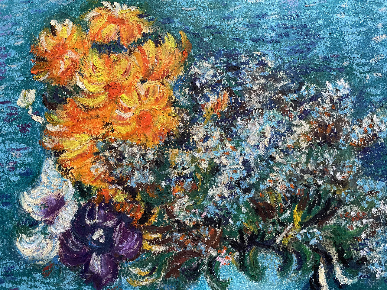 油畫棒臨摹梵高藍(lán)色花瓶里的花束（圖ZMjM5MjExOTky） - 繪畫 - 站酷設(shè)計師慕漁藝術(shù)原創(chuàng)素材 - 站酷ZCOOL