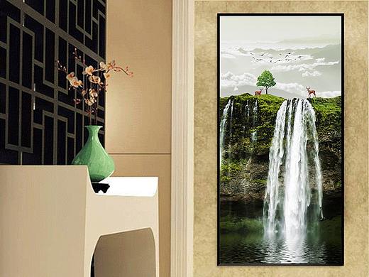 高山流水生财山水风景画新中式玄关背景墙装饰画壁画
