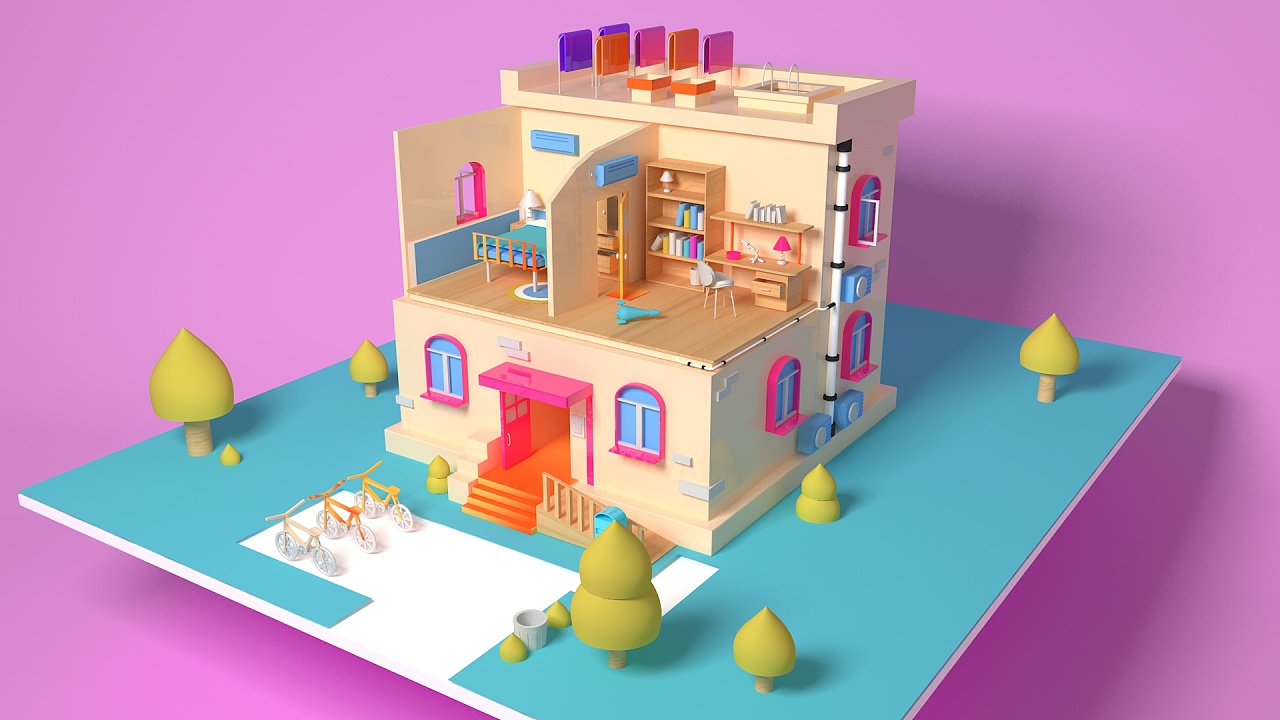 自学c4d 小房子 还不太会材质.