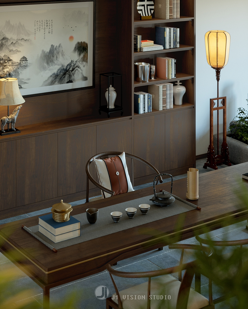 新中式茶室效果图渲染