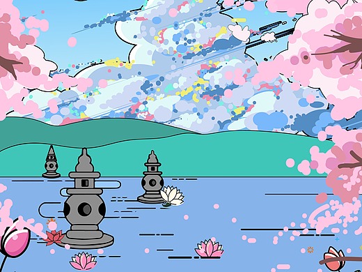 世外桃源湖边鸽子彩色云朵蓝天鸳鸯游园会桃花矢量插画