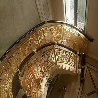 黄古铜中式楼梯雕刻护栏别墅楼梯护栏众钰一站式服务