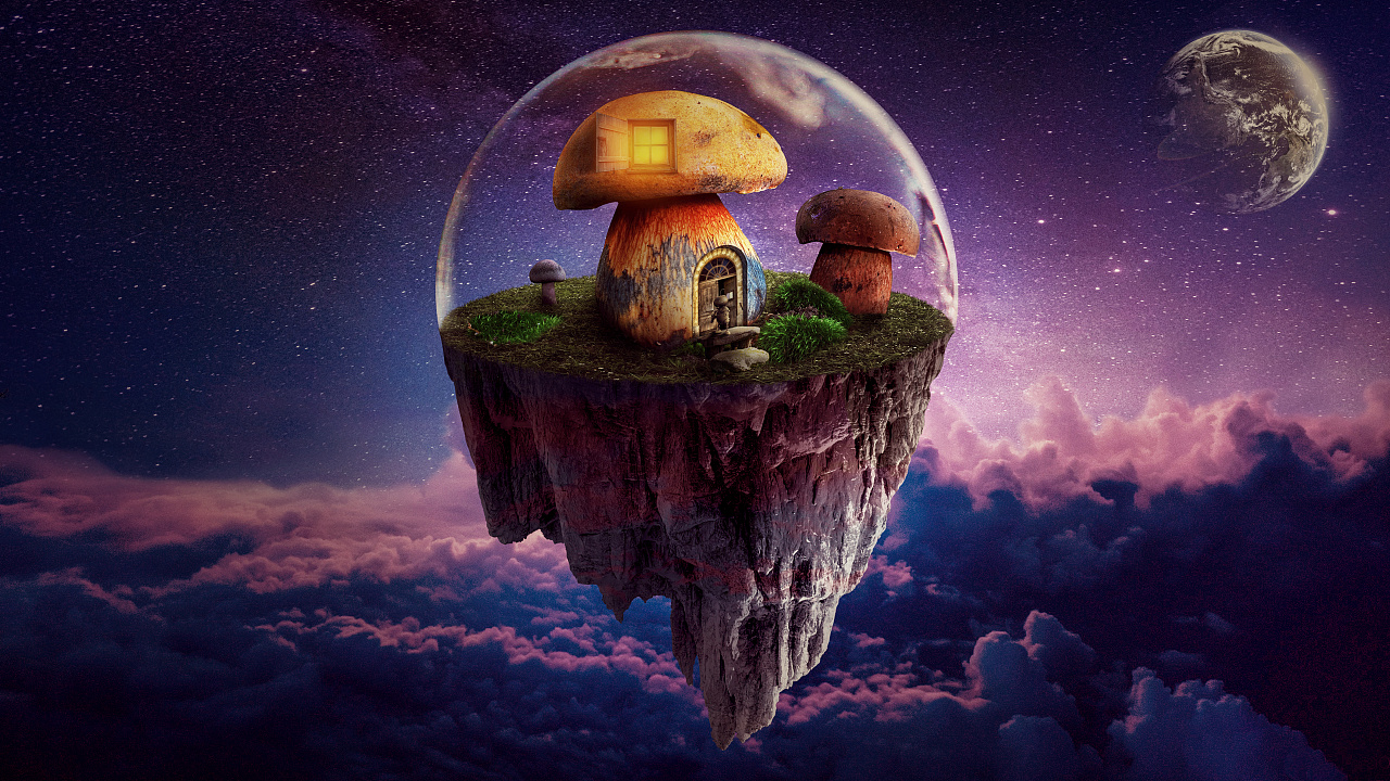 ps合成梦幻场景 太空中的蘑菇小屋|平面|海报|吴振铭 - 原创作品