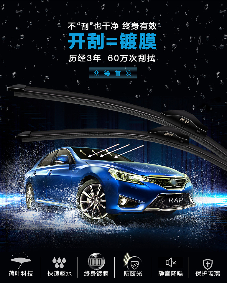 刮,首创镀膜雨刮,突出镀膜特点,更清晰更耐用,从文案到每一屏海报设计