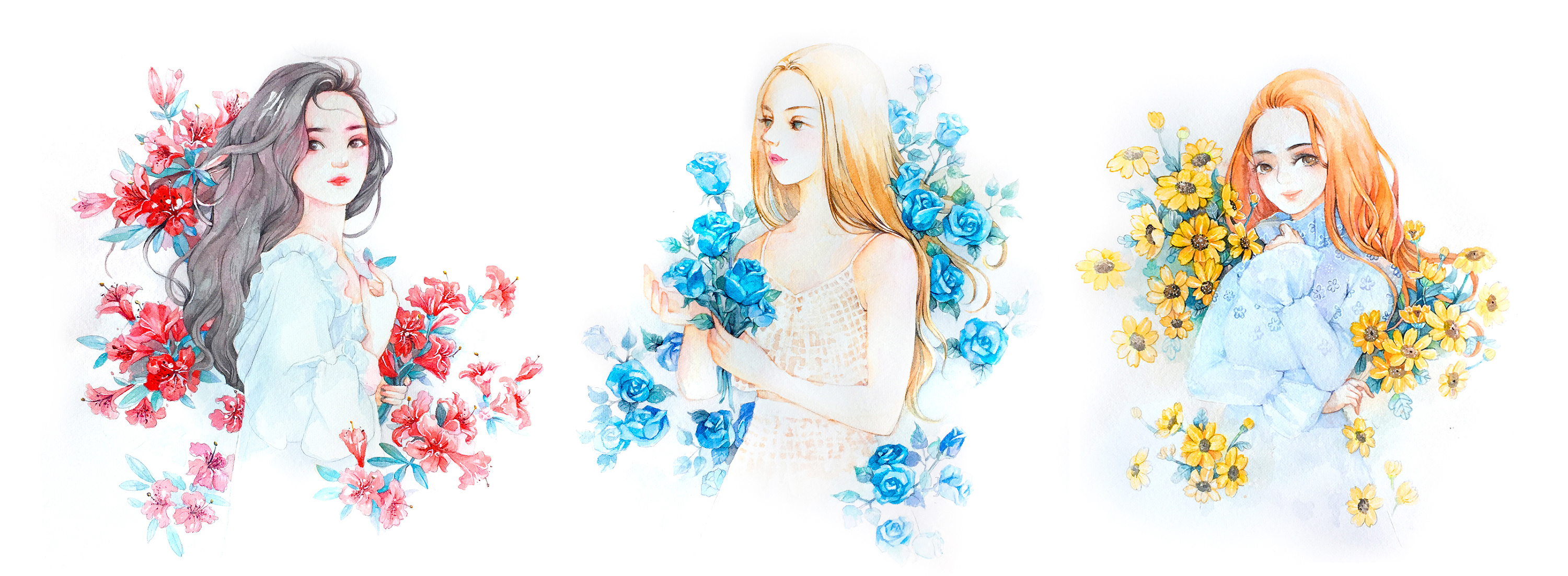 水彩系列之-3组合花女