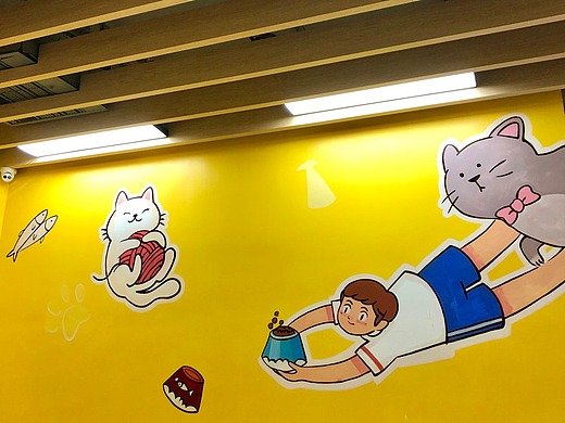 成都墙绘公司 猫咖墙绘室内彩绘卡通插画风格