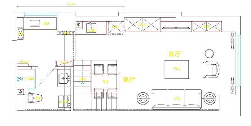 民安北郡60平复式现代简约装修案例——1层布置图