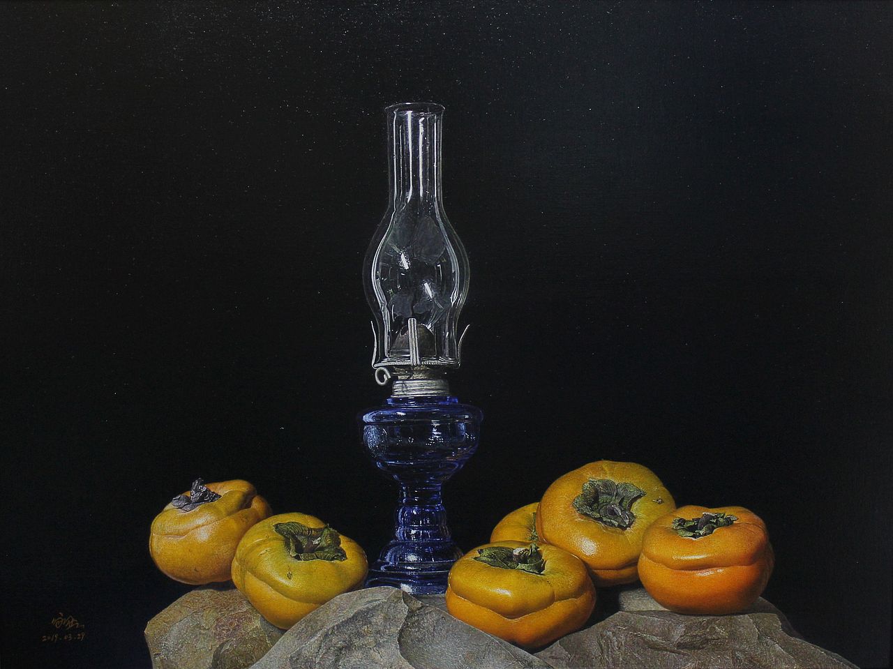 张咏鑫超写实油画作品《焰焰蓝灯柿如丹》尺寸60*80cm