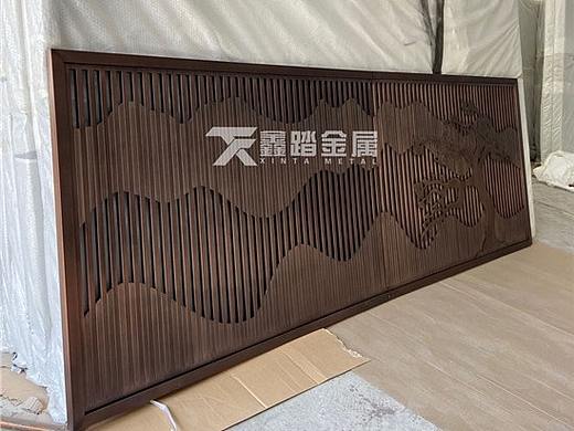   大堂山水寓意不锈钢背景墙屏风、古铜做旧金属格栅