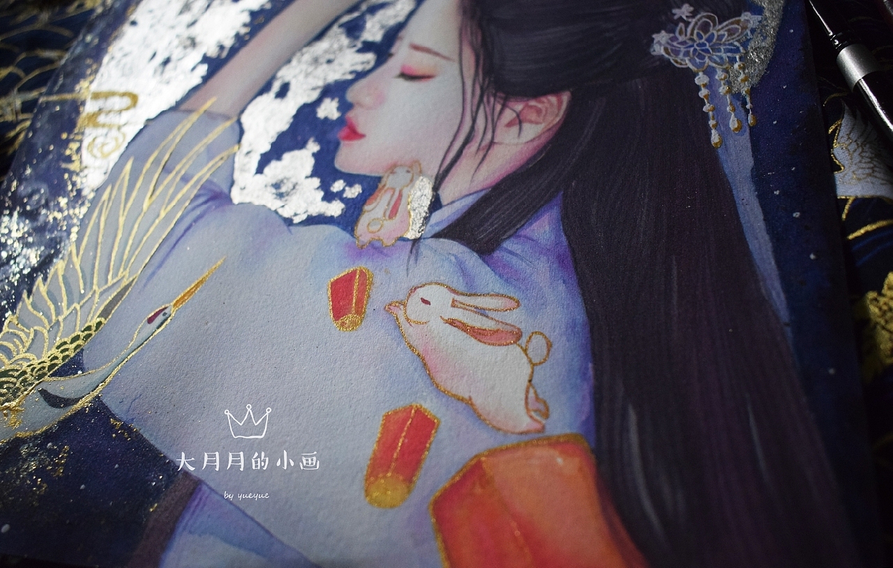 中秋贺图,综合材料水彩画