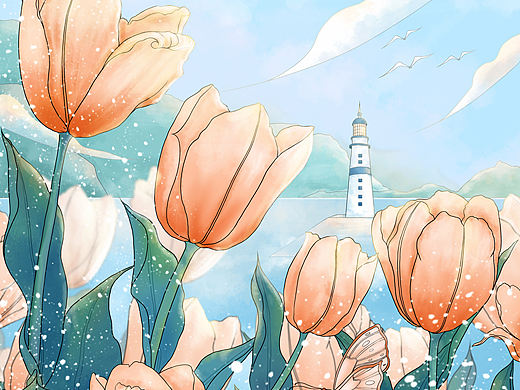 原创手绘水彩风唯美郁金香风景插画