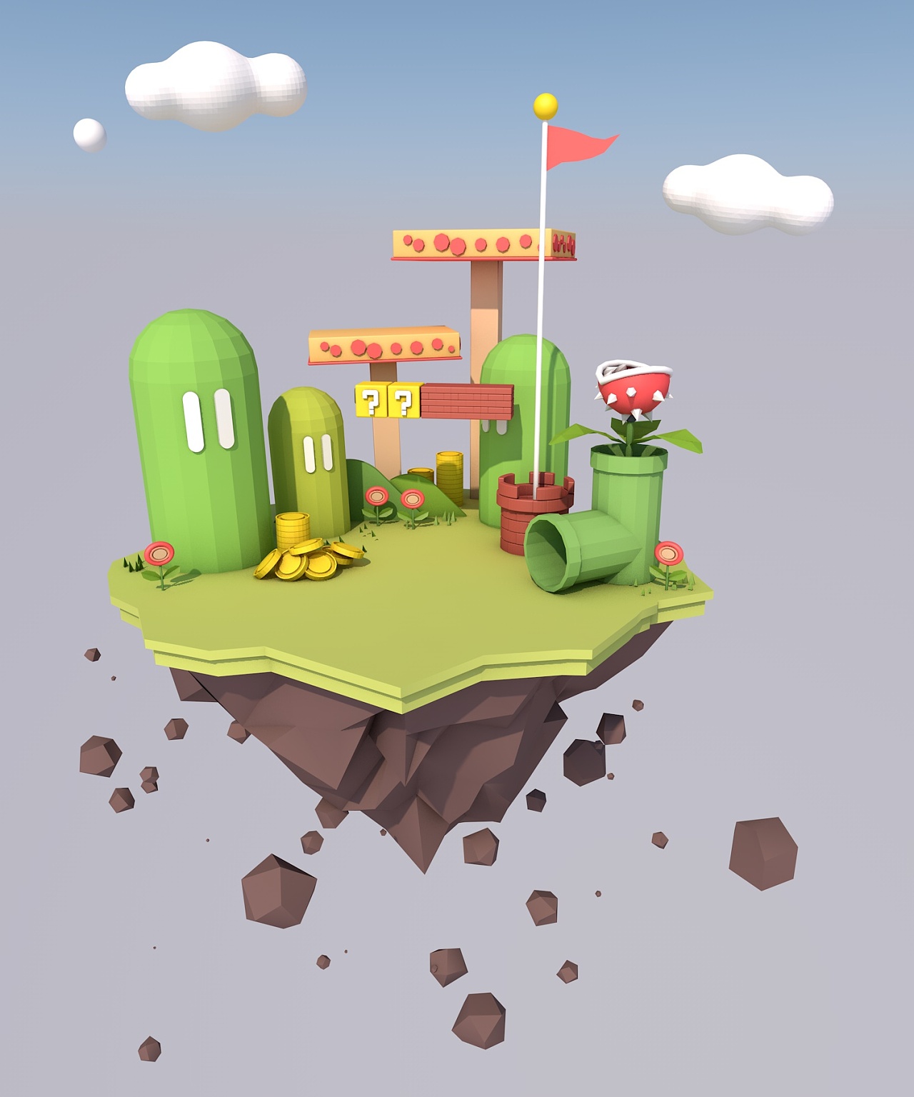 c4d敲可爱的lowpoly风超级玛丽小岛建模练习