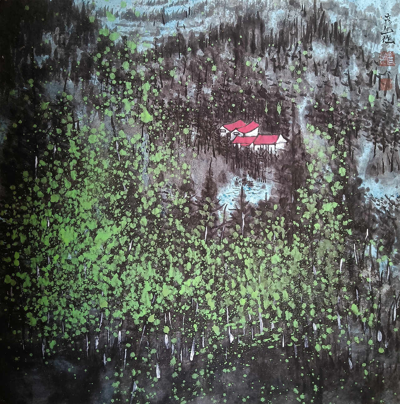 《万顷岚光里》宣纸设色,软片,135*35厘米